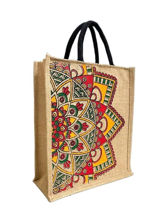 Eco Friendly Jute fabric Unique printed Bag ideal for Tiffin Grocery FruitsVegetable with Hard Grip Handle Big Reusable Heavy Quality Bag Zipper for Men Women